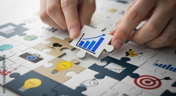 Fototapeta Hands assembling jigsaw puzzle with business growth chart and icons technology