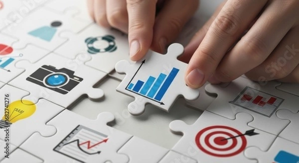 Fototapeta Hands placing puzzle piece with blue bar graph into assembled puzzle with business icons jigsaw puzzle