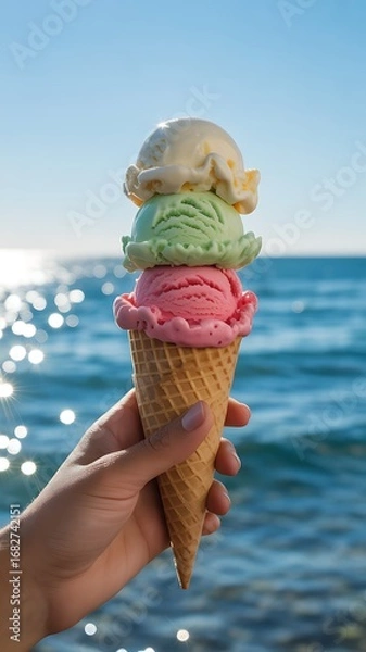 Obraz Close-up of a hand holding a delicious triple-scoop ice cream cone by the sparkling ocean on a bright summer day