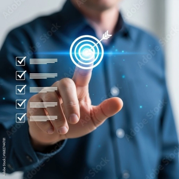 Fototapeta Man touching digital target and checklist on screen business technology
