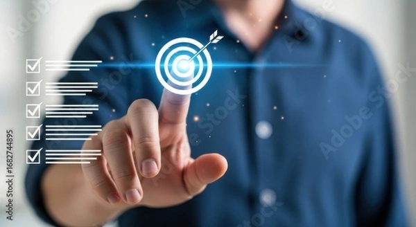 Fototapeta Man's finger touching digital target with checklist on screen goal success
