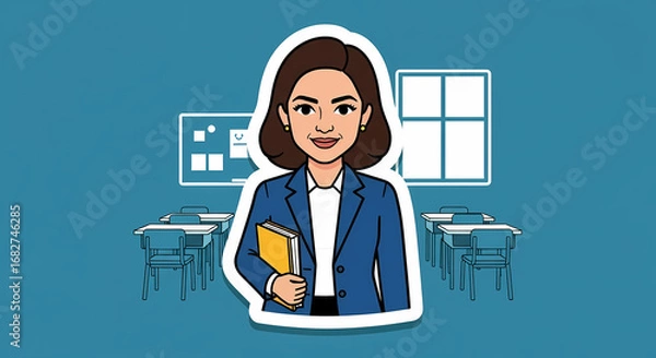 Obraz Confident teacher holding book in classroom ready for modern education lesson