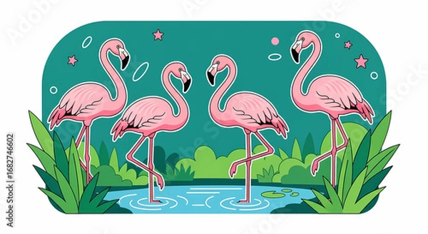 Obraz Charming pink flamingos gracefully standing in a serene pond surrounded by lush greenery