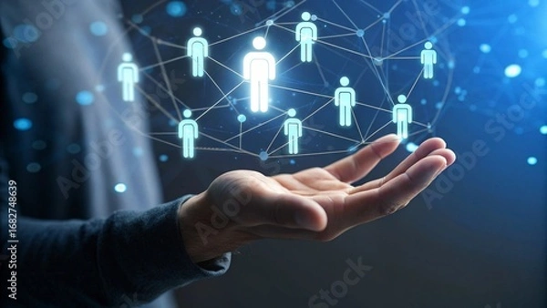 Fototapeta Close Up of Hand with Hologram People Icons Connected by Lines for Recruitment Concept