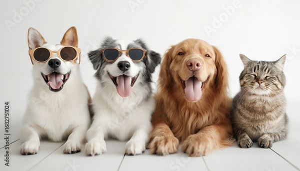 Fototapeta group of dogs and cat happy gathered together taking a selfie