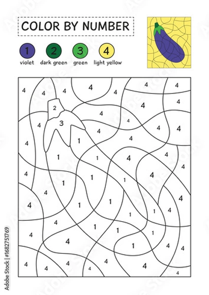 Fototapeta Coloring page with a picture of eggplant to color by numbers. Color sheet for children education. Simple coloring for kids