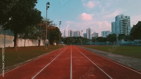 Fototapeta Red athletic track leading towards city skyline under a clear blue sky with scattered clouds