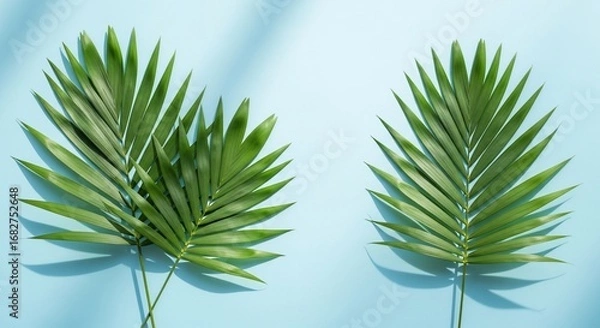 Obraz Two vibrant green palm fronds arranged on a light blue background.