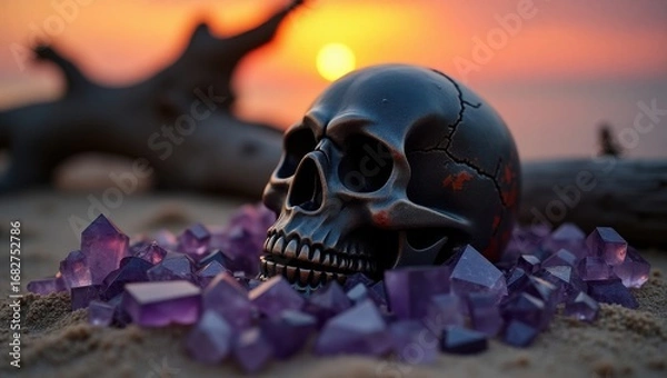 Obraz Dark skull surrounded by amethyst crystals on a beach at sunset