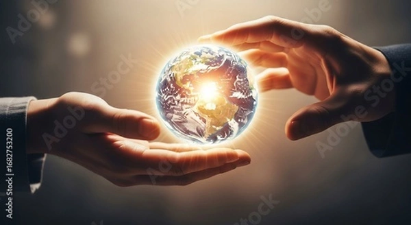Obraz Two hands gently cradle a glowing miniature Earth, symbolizing global connection, shared responsibility, and environmental stewardship.