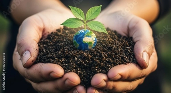 Obraz Caring hands nurturing a new green plant growing from a miniature planet Earth in rich soil.