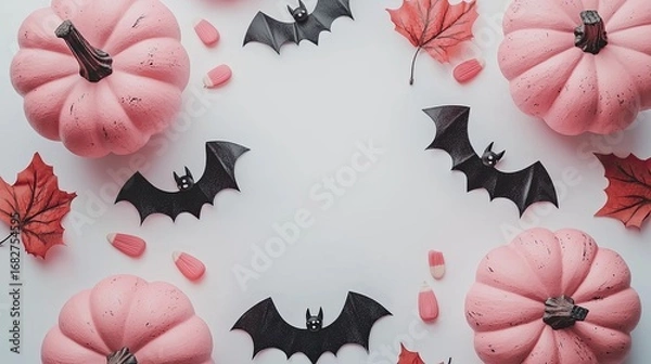 Fototapeta Pink pumpkins and black bats on a white background with red candies and leaves.