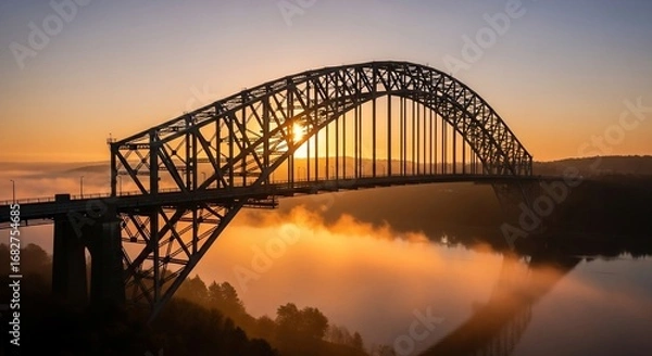 Obraz Sunrise illuminates a majestic steel arch bridge spanning a misty river, casting a warm glow on the landscape.