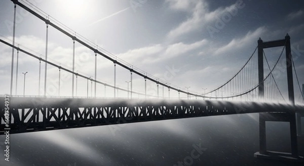 Obraz Dramatic black and white image of a suspension bridge stretching across water.