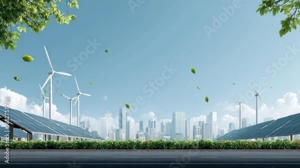Obraz Green city sustainable energy windmills solar panels eco friendly environment