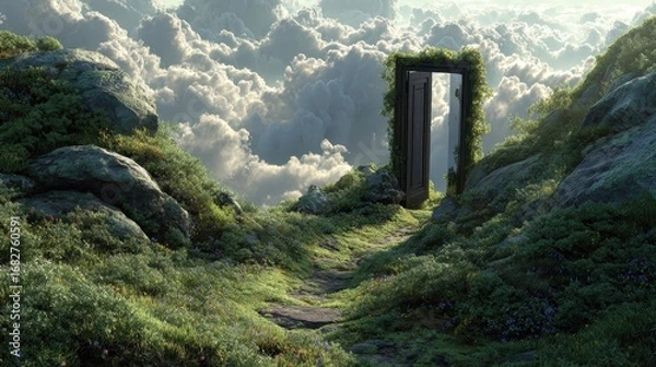 Obraz Doorway to Heaven A mystical path leads to an open door above the clouds