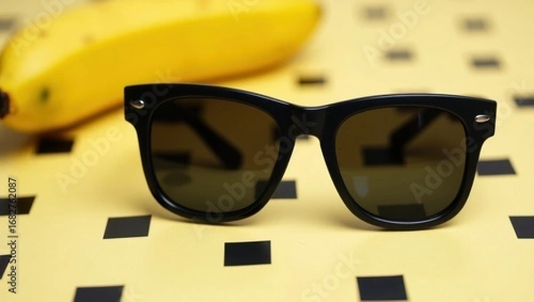 Obraz Stylish black sunglasses resting on a yellow surface with a blurred banana in the background