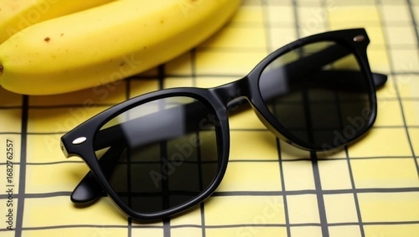 Obraz Black sunglasses and ripe bananas on a yellow grid background
