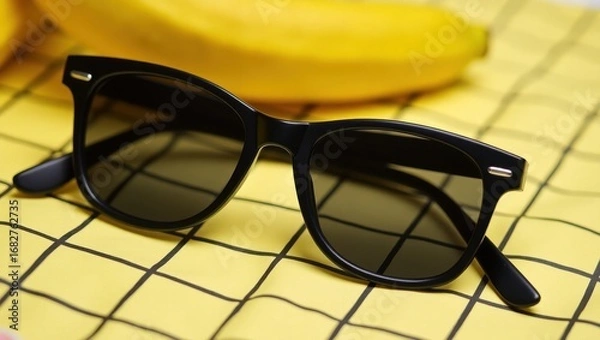 Obraz Stylish black sunglasses resting on a yellow checkered cloth with blurred bananas in the background