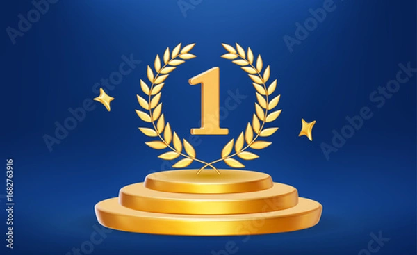 Fototapeta 3d golden winners podium with gold number one and laurel wreath. Stock vector illustration on blue isolated background.