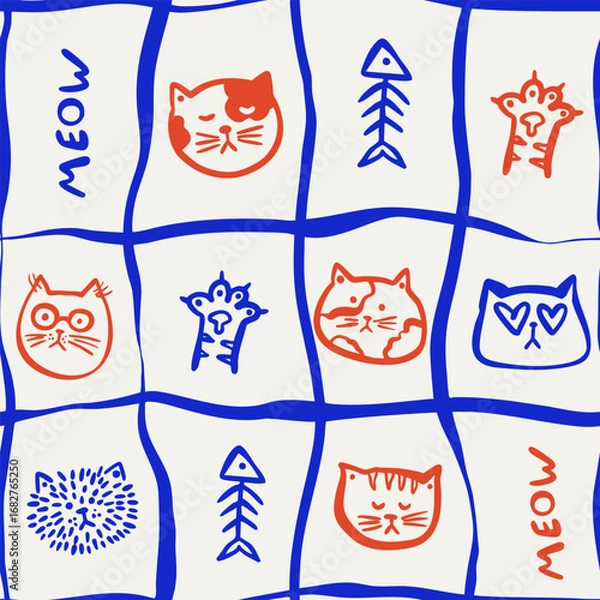 Fototapeta Seamless hand-drawn cat pattern with doodle cat faces, cute paw, meow lettering and wavy grid lines.