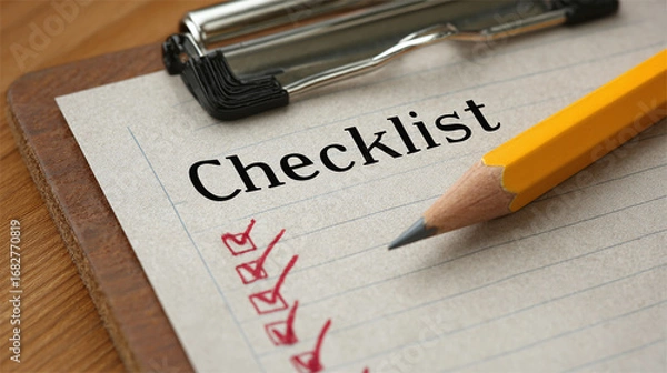 Fototapeta Completed Checklist: Tasks marked as done on paper, yellow pencil nearby. Focus on achievements and organization. Get it done!