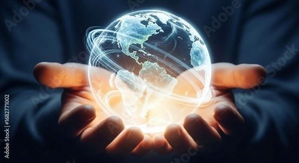 Obraz A person's cupped hands gently holding a glowing, digital Earth, symbolizing global connection, technology, and care for the future.