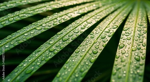 Obraz Close-up of lush green palm fronds covered in glistening water droplets after a refreshing rain shower.