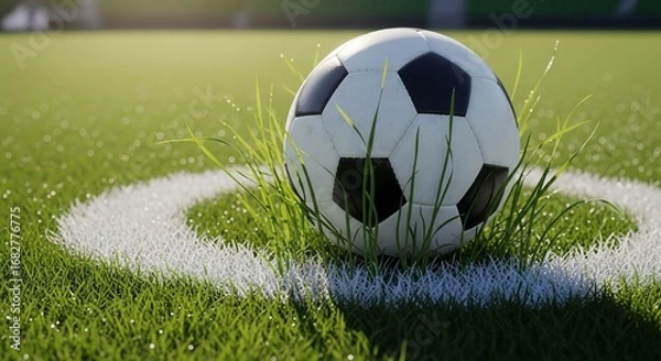 Obraz Soccer ball placed in the center circle of a grassy field.