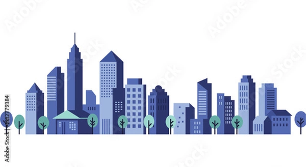 Fototapeta City skyline with tall buildings and trees in a simple graphic illustration style