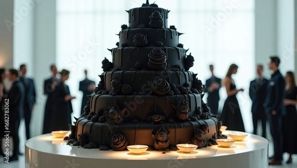 Obraz Elaborate black tiered wedding cake with candles at a formal event