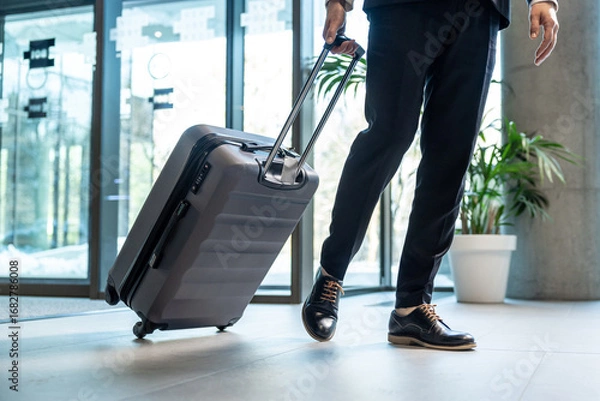 Fototapeta Close up of a man in formal wear carrying a suitcase while entering the business center