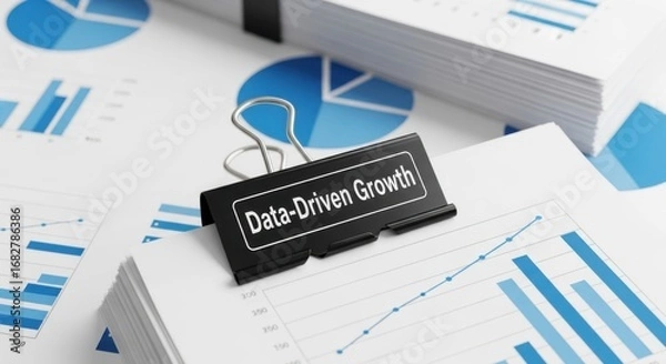 Fototapeta Black binder clip with text Data Driven Growth on stack of financial reports with charts business finance
