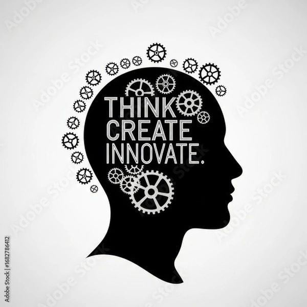 Fototapeta Black human head silhouette with gears and text Think Create Innovate cogwheels thinking