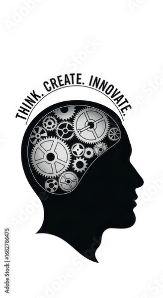 Fototapeta Black silhouette head profile with gears inside and text Think Create Innovate cogs