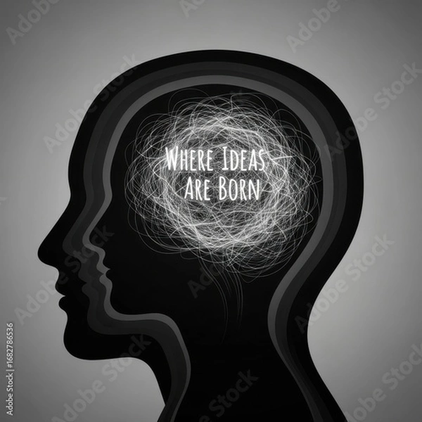 Fototapeta Black silhouette head profile with tangled white lines and text inside human brain