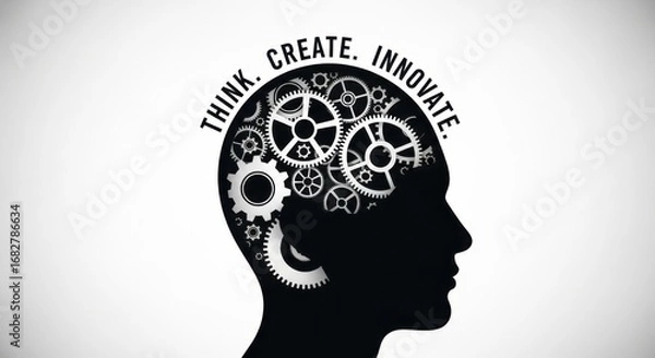 Fototapeta Black silhouette of a human head with interlocking gears inside representing thought and innovation human head silhouette