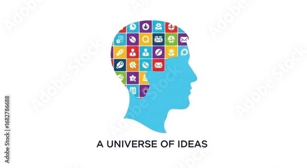 Fototapeta Blue human head profile filled with colorful technology and business icons Generative AI business Cybersecurity