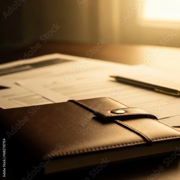 Fototapeta Brown leather notebook and pen on documents with warm light writing