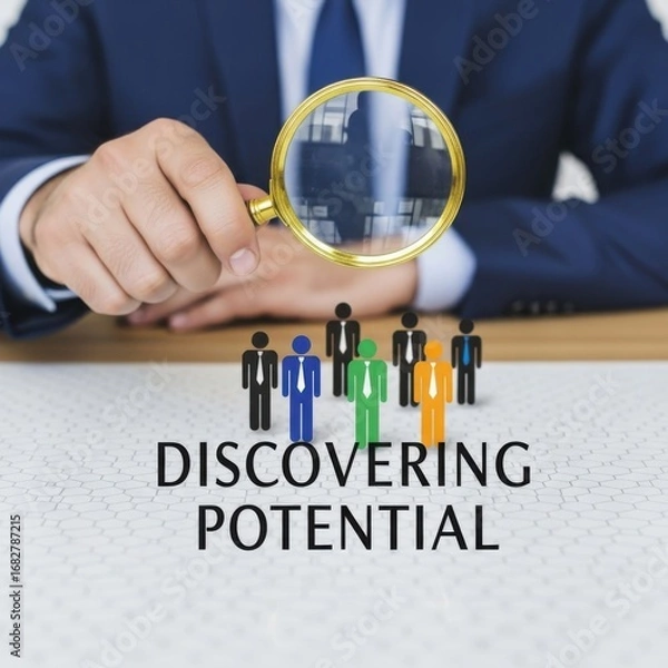 Fototapeta Businessman examines colorful figures with magnifying glass discovering potential finance technology