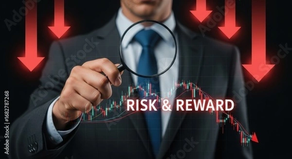 Fototapeta Businessman examines falling stock market graph with red arrows and text risk and reward suit magnifying glass