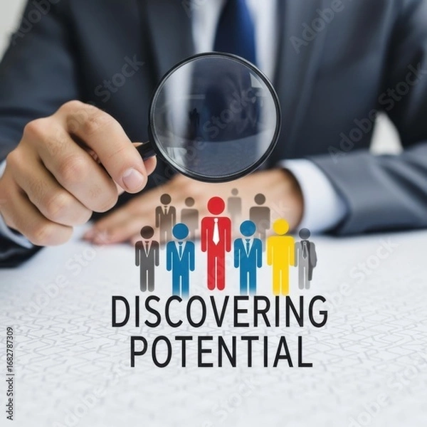Fototapeta Businessman examining colorful human resource figures with magnifying glass finance technology