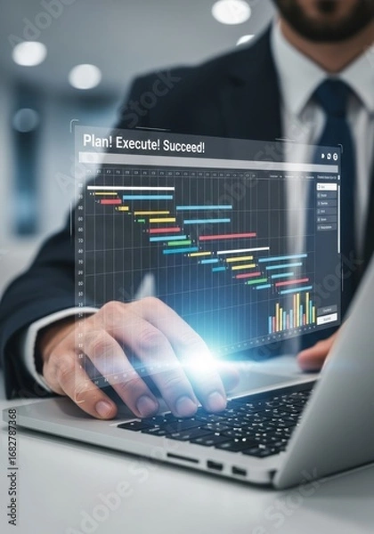 Fototapeta Businessman interacting with holographic Gantt chart on laptop screen finance technology