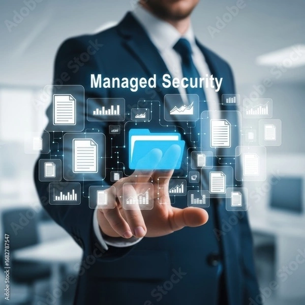 Fototapeta Businessman touching digital interface showing managed security and data analytics finance technology