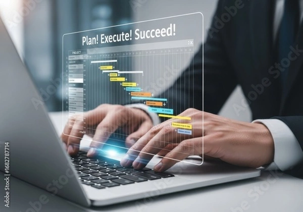 Fototapeta Businessman working on laptop with holographic Gantt chart project plan project management planning
