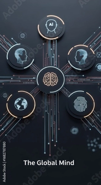 Fototapeta Central brain icon connected to A I human head globe and fingerprint icons artificial intelligence