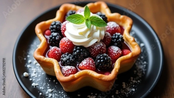 Obraz Delicious berry tart with whipped cream and mint garnish