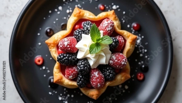 Obraz Delicious berry tart with whipped cream and mint garnish on black plate