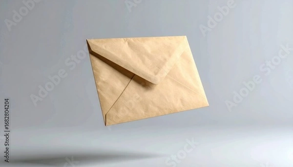 Obraz Floating kraft paper envelope shown against a smooth, neutral background. Light reflects on the envelope, creating depth and shape