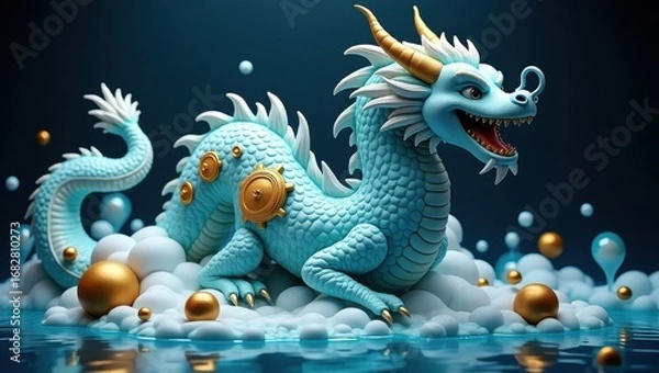Obraz Whimsical teal dragon surrounded by golden orbs and clouds